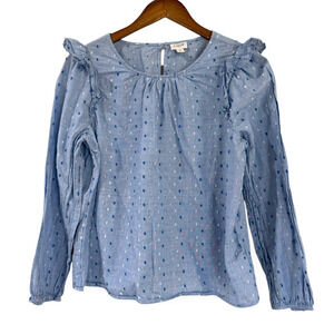 J Crew Embroidered Polka Dot Blouse Womens M Blue Ruffle Shoulder Long Sleeve